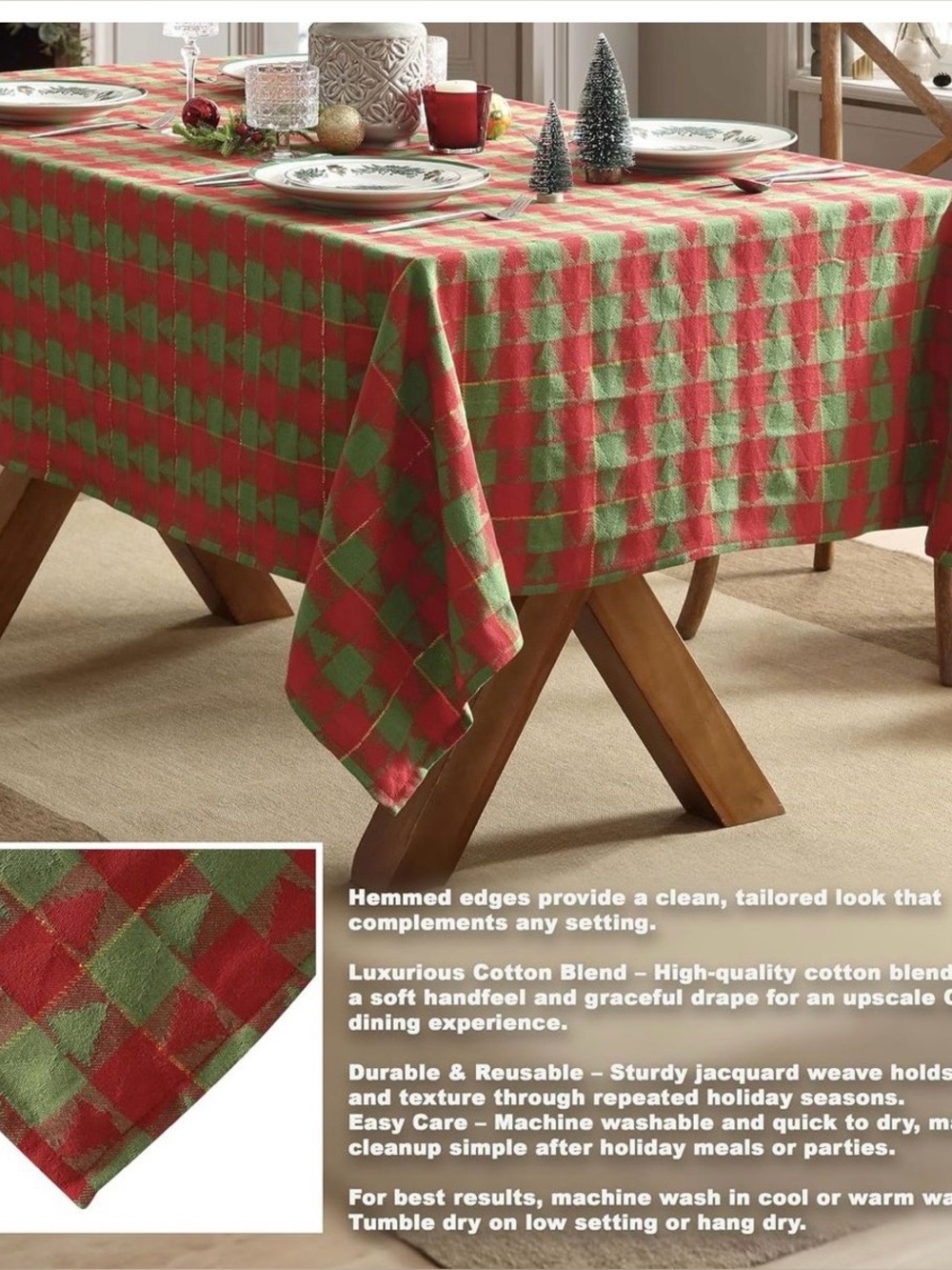 Red and Green Tree Plaid Holiday Tablecloth - Classic Festive Dining - 2 for $20